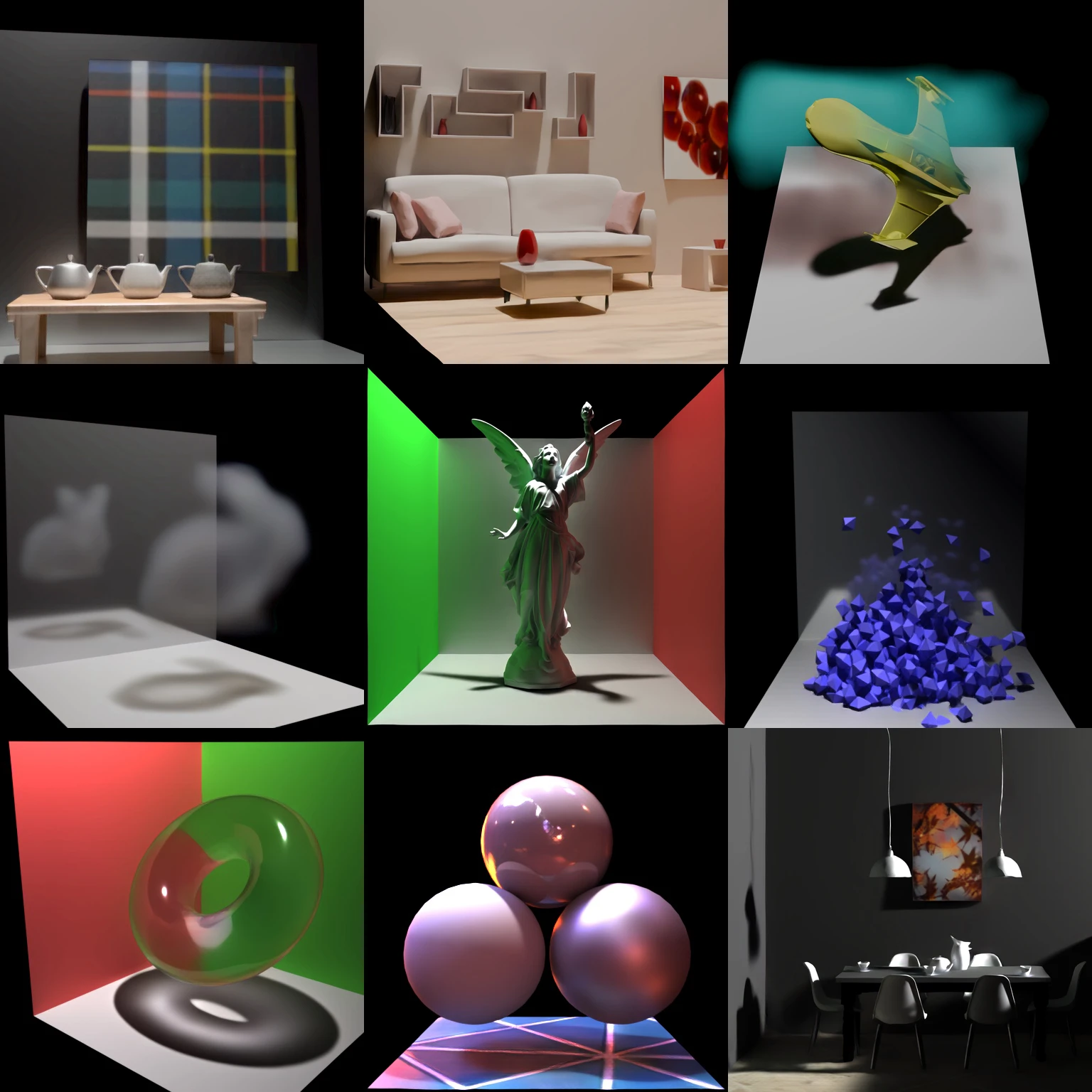 Nine RenderFormer-V2 results showing interiors, glass, glossy materials and volumetric effects
